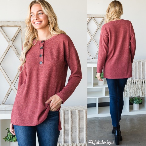 LAST 2! So Soft Henley Style Top with Side Slit Detail! - Picture 7 of 8